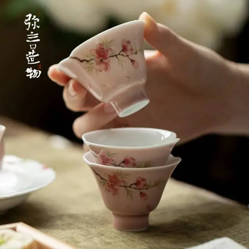 Ceramic Flower-Embossed Hand-Painted Peach Blossom Tea Cup Kung Fu Teacup Tasting Cup Чайная чашка