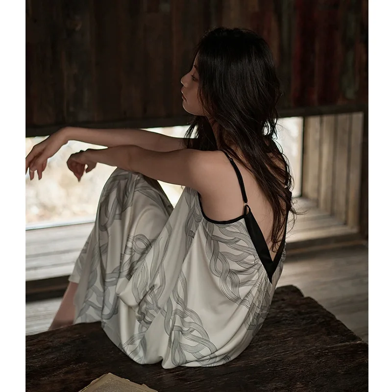 new-striped-black-and-white-contrasting-summer-pure-lust-style-sexy-slip-dress-v-neck-loungewear