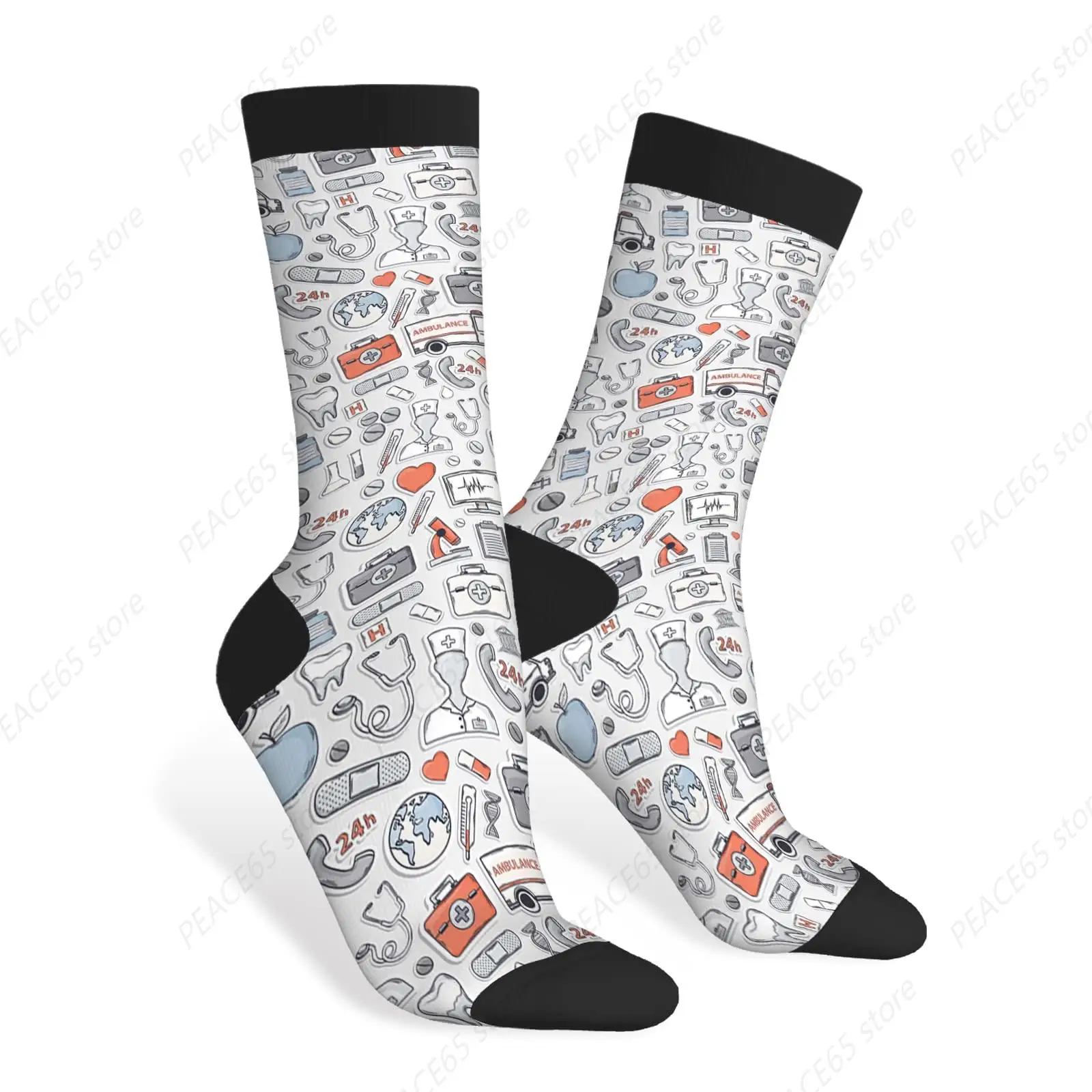 Medical Pattern Funny Socks Red Grey Blue Care Health Heart Hospital Stethoscope Plaster Clinic Capsule Thermometer Novelty