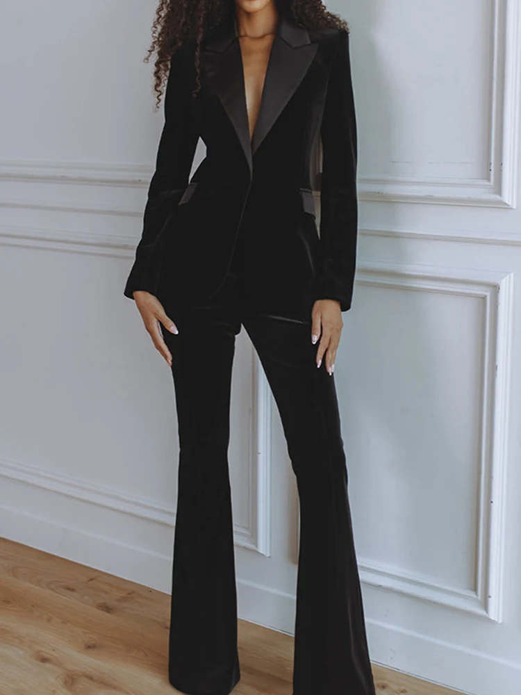Elegant Commute Women's Solid Color Outfits Autumn Winter New Slim Two Piece Fashion Lapel Velvet Long Sleeve Blazer&Pants Sets