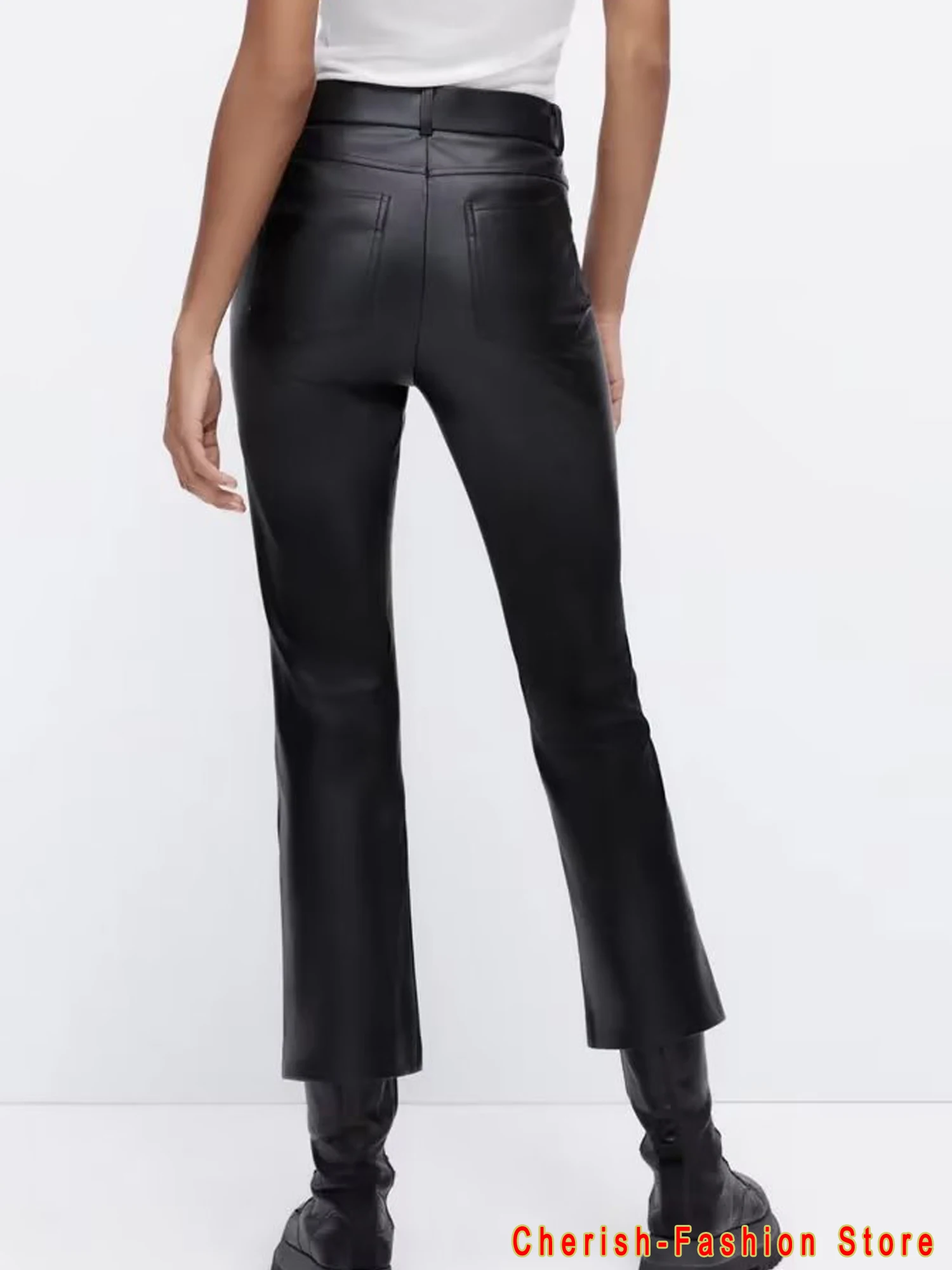 Frauen Mode Faux Leder Gerade Hosen Vintage Hohe Taille Zipper Fliegen Weibliche Hose Mujer Vintage Lose Schwarze Hose 2023