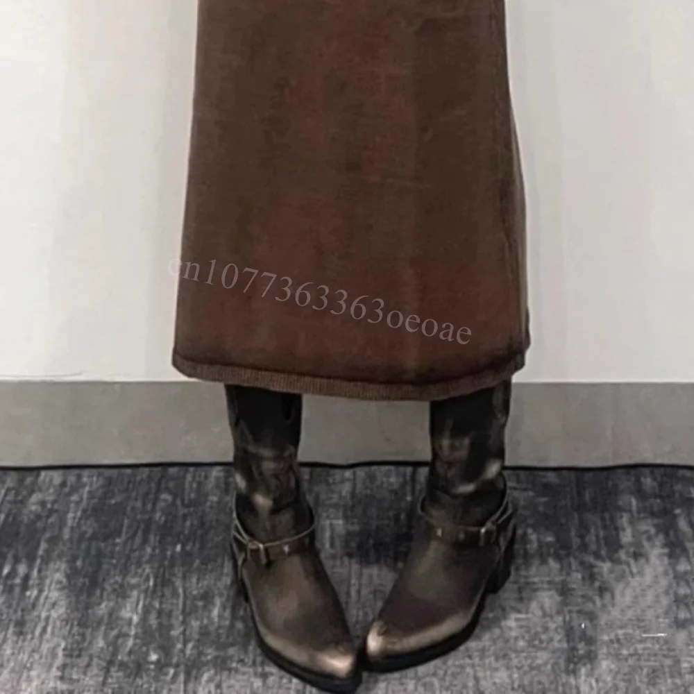 Botas de media caña con hebilla decorativa Para mujer, Zapatos de vaquero de cuero mate, con tacón grueso, a la moda, 2024