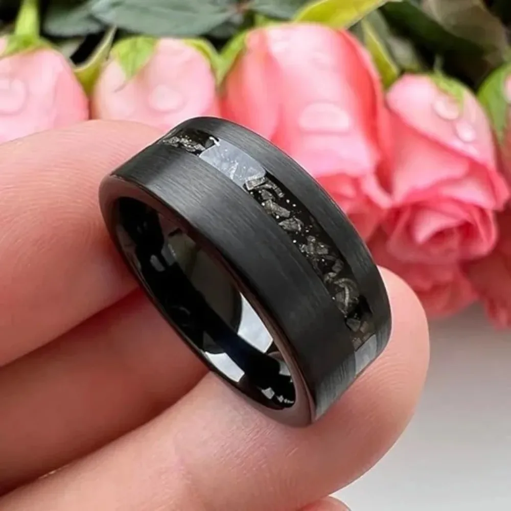 Men's Tungsten Steel Wedding Ring with Black Fragments Inlaid with Meteorites Engagement Rings High-end Business Banquet Jewelry