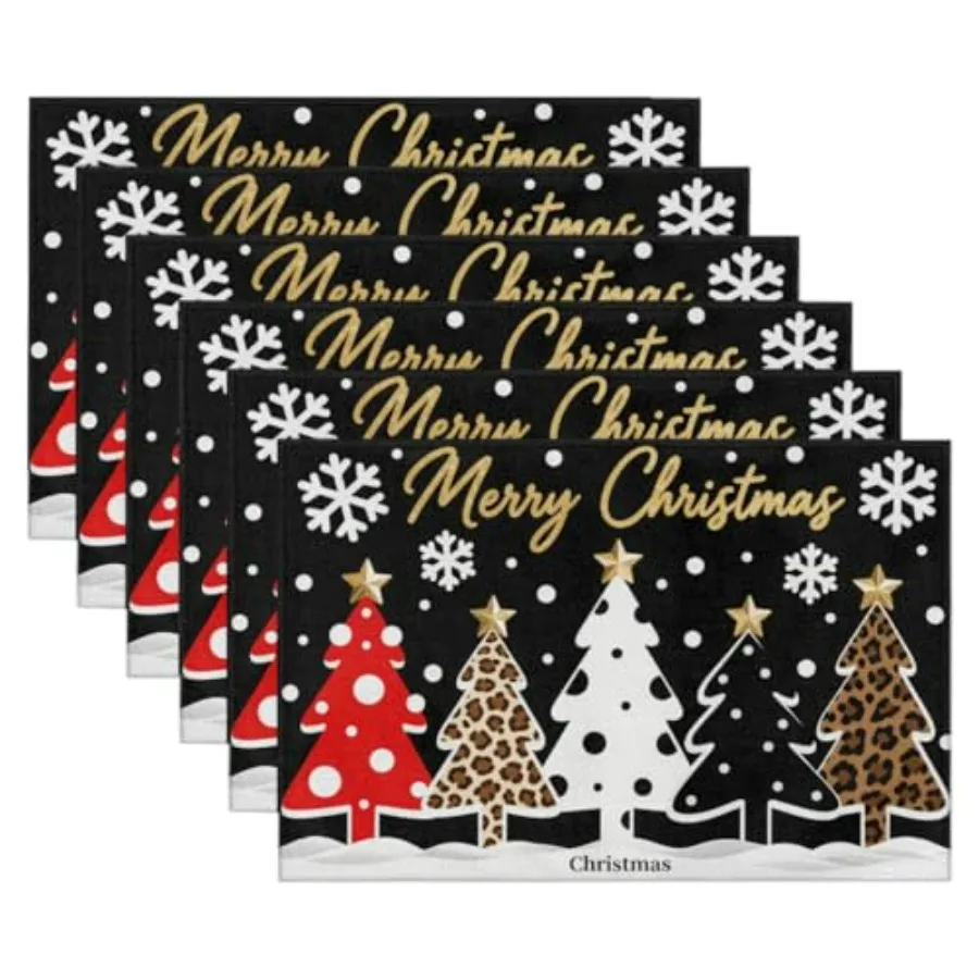 

Christmas Trees Placemats Set of 6 - Leopard Washable Wipeable PVC Table Mats for Dining Table Kitchen Decor - 12x18 Inch Black