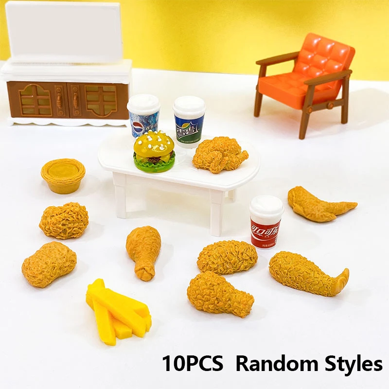 5/10 Stuks Willekeurige Poppenhuis Voedsel Decoraties Gebakken Kip Burger Frietjes Drinken Set Poppenhuis Accessoires Fantasiespel Speelgoed