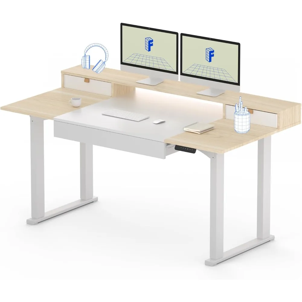 

Electric Height-Adjustable 4-Leg Standing Desk with Storage, 63x32 inches, 3 Drawers and Shelving for Home Office