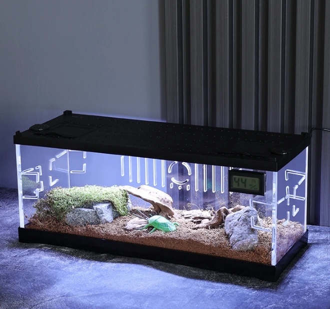 Plastic reptile terrarium transparent acrylic reptile display reptile cage with USB light inside