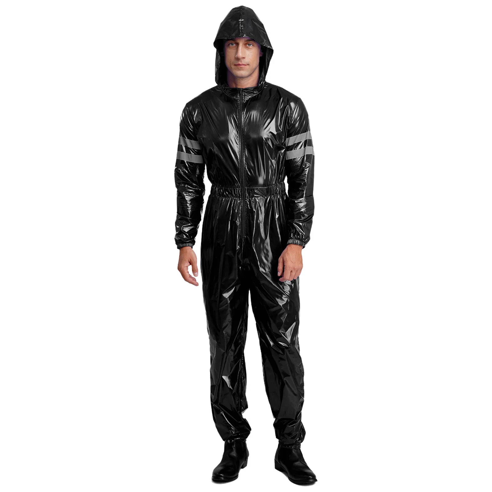 Men Water Resistant Zipper Coveralls High Visibility Reflective Strips Working Rompers Factory Car Repairing Hooded Jumpsuit