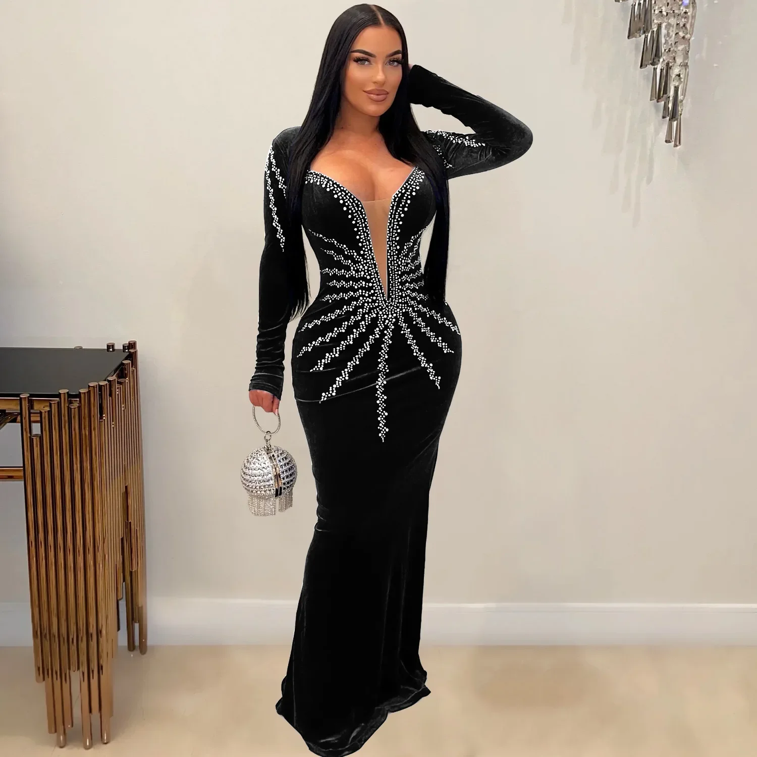 Women Diamonds Hot Rhinestones Velvet Long Sleeve Mermaid Birthday Bodycon Midi Maxi Dress 2024 Sexy Party Long Dresses