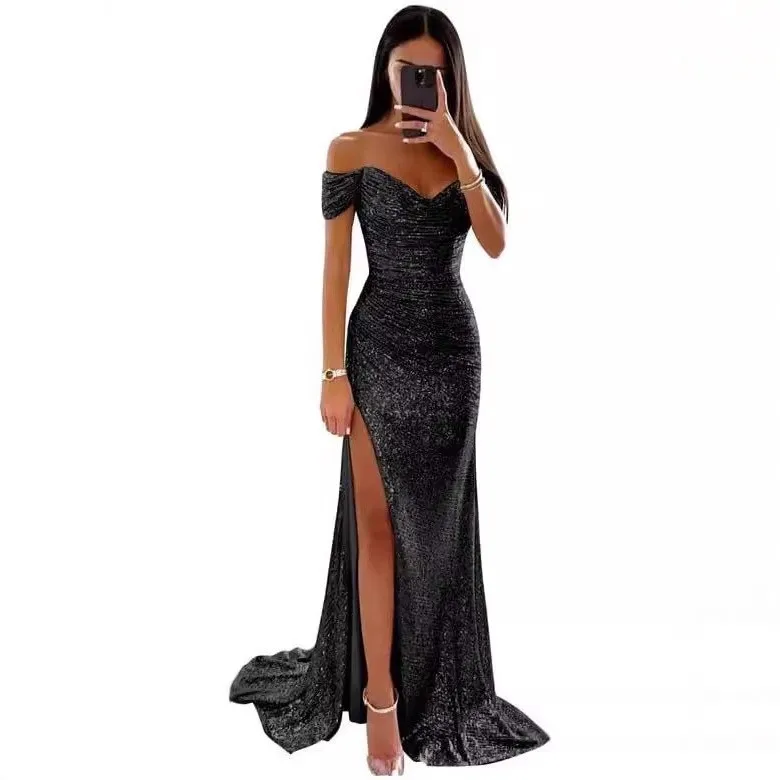 Prom Dress Women Party Long Tube Top Sequin Dresses Elegant Party Off Shoulder Slit Evening Dress Luxury Party Mermaid Gala