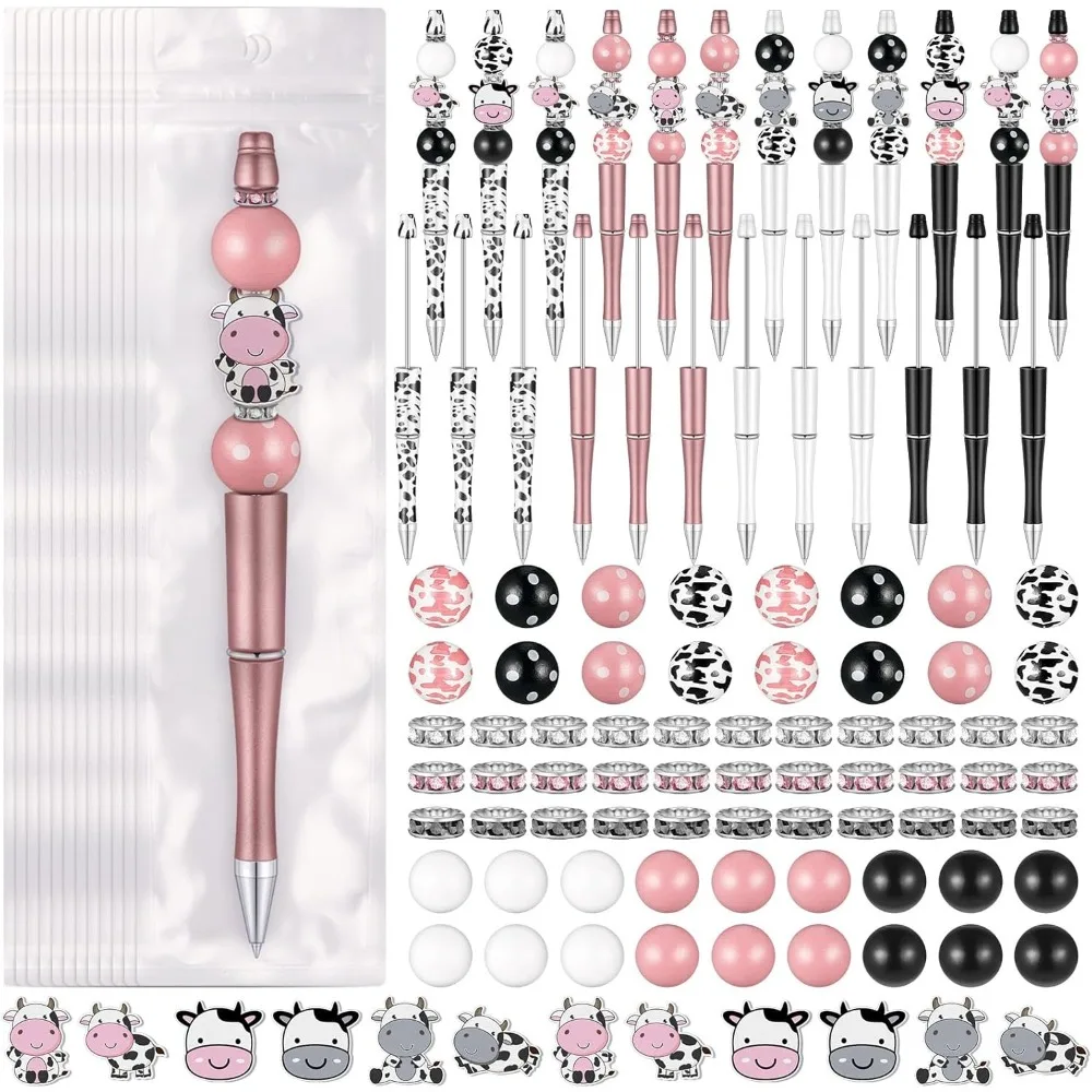 24 Sets Plastic Beadable Pens DIY Pens Making Kit Assorted Wood Beads Crystal Spacer Black Ink Ballpoint for Women Crafts Gifts