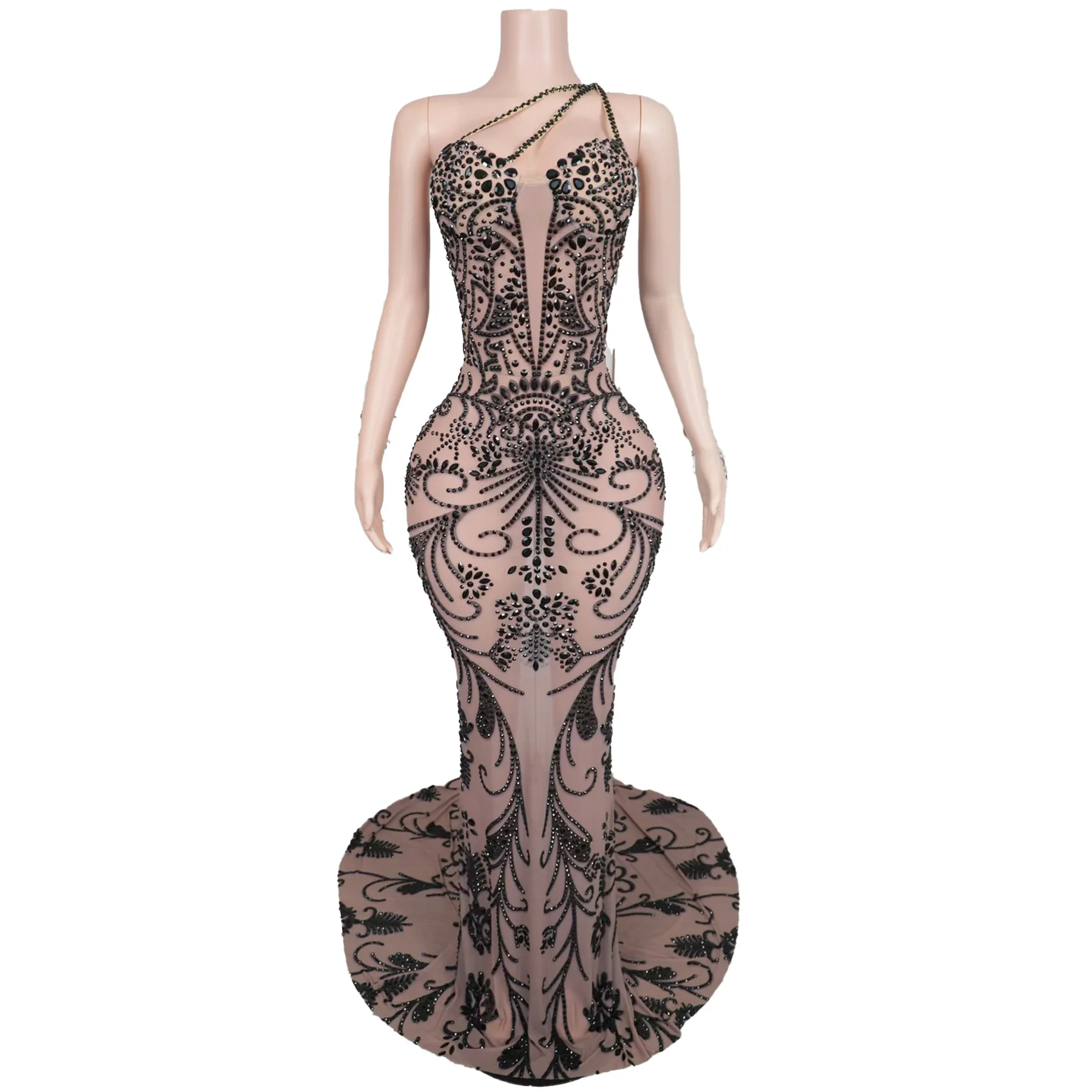 فستان سهرة نسائي أنيق من Yadan أسود من حجر الراين الشفاف الشبكي غير المنتظم فستان المشاهير على السجادة الحمراء لحفلات العشاء