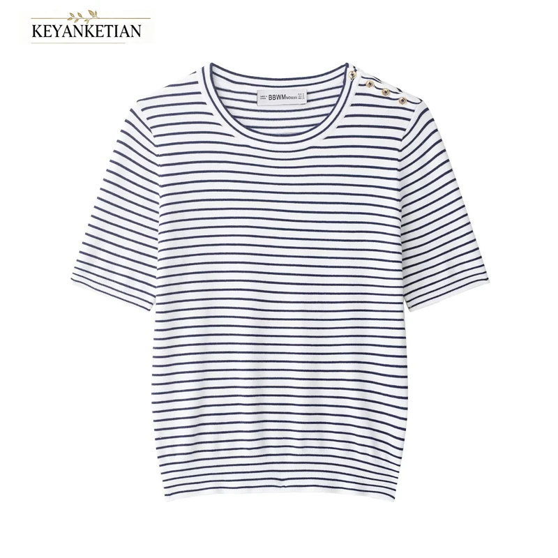 KEYANKETIAN 2026 Round Neck Striped Knit Top Shoulder Button Decor Slim Fit Women Breton Stripe Mid Sleeve Casual Knit T-shirt