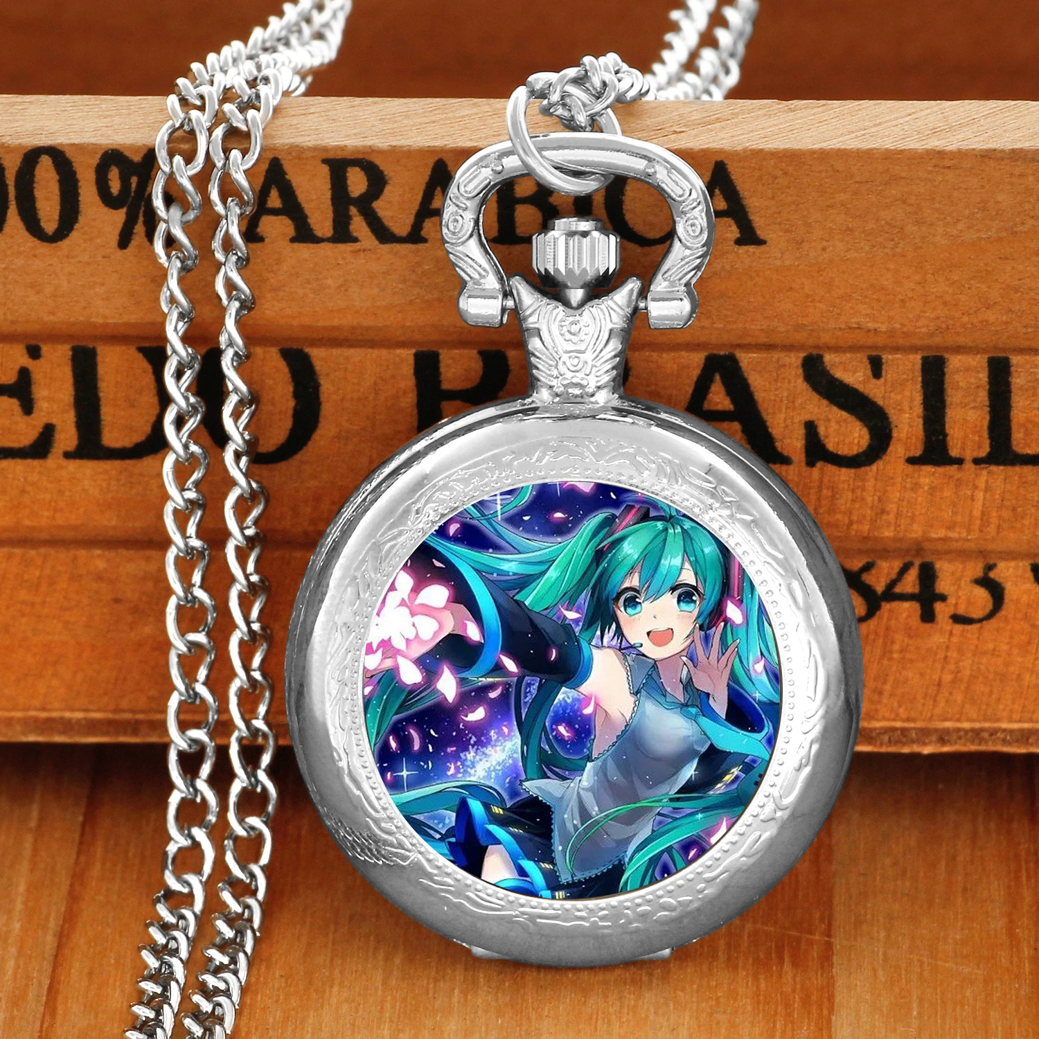 Hatsune Miku Design Glass Dome Quartz Pocket Watch With Durable Chain Arabic Numeral Dial For Men And Women Creative Gifts