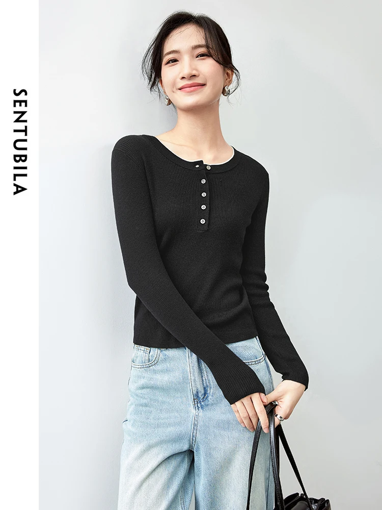 

SENTUBILA Patchwork Wool Knitted Pullovers for Women 2024 Autumn Casual Slim Fit Comfort Basic Simple Women Top W43H56238