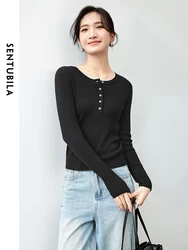 SENTUBILA Patchwork Wool Knitted Pullovers for Women 2024 Autumn Casual Slim Fit Comfort Basic Simple Women Top W43H56238