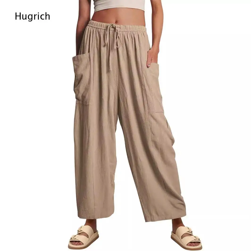 Women Pink Drawstring Elastic Waist Cotton Linen Casual Pants Large Side Pockets Loose Cropped Trousers