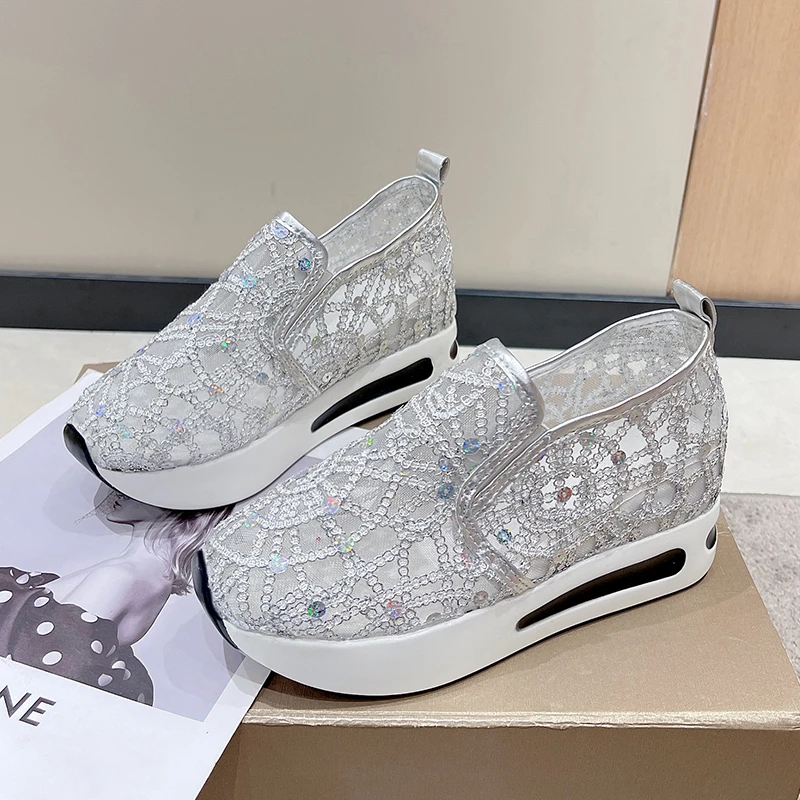 Platform Wedges Women\'s Vulcanized Shoes Floral Embroidery Mesh Sneakers for Women Slip on Casual Comfy Heeled Shoes Woman