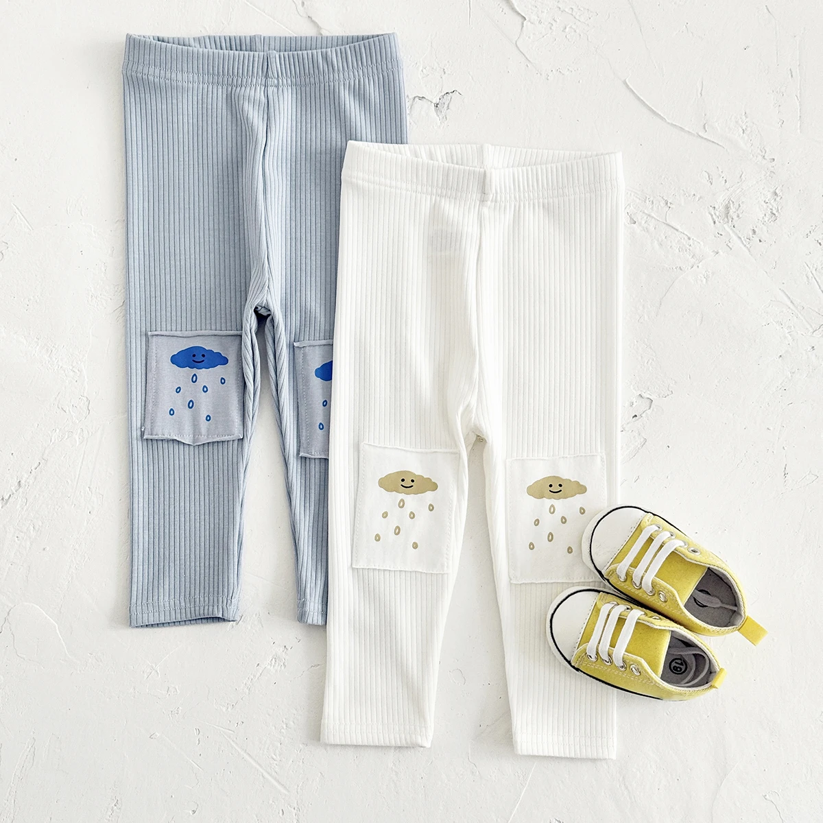 Baby 2Pcs Leggings Set Ribbed Knit Cloud Rain Print Pocket Pants Unisex Toddler Stretch Trousers Soft Skin Friendly