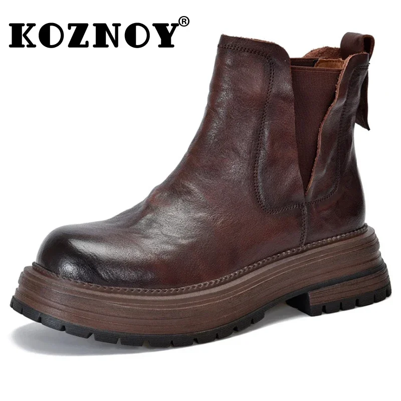 

Koznoy 5cm British Cow Genuine Leather Flats Chelsea Chimney Ankle Boots Elastic Band Ladies Women Autumn Spring Fashion Shoes