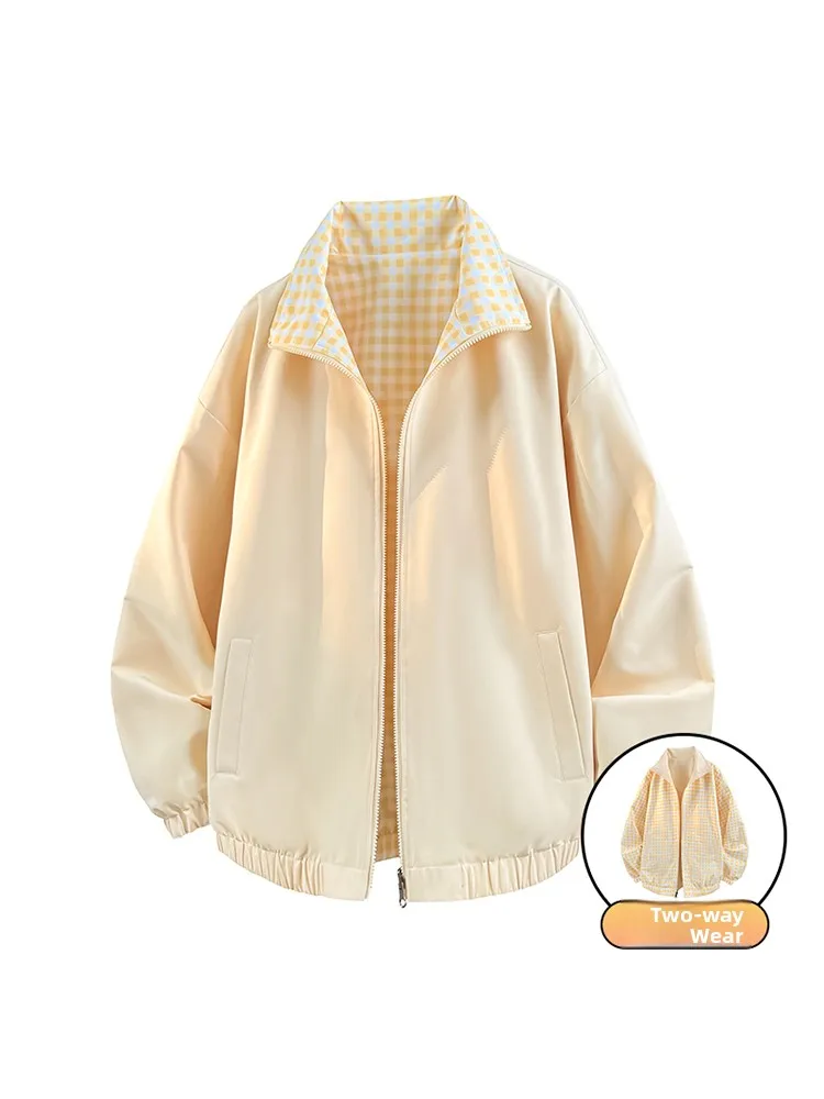 Cappotto Jaet con colletto alla coreana scozzese su entrambi i lati per uomo e donna Primavera Autunno Coppie Sle Loose Fit Poliestere impermeabile