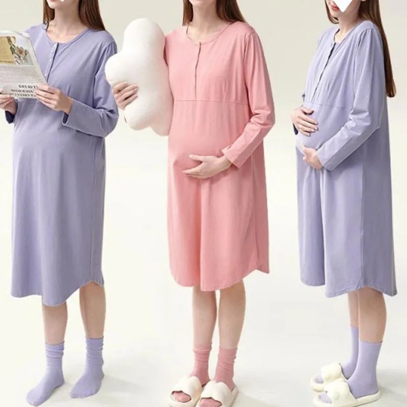 

Pregnant Women's Cotton Fashionable Breastfeeding Nightwear ,With Chest Pad ,Postpartum Nursing Pajamas ,Delivery Room Dress