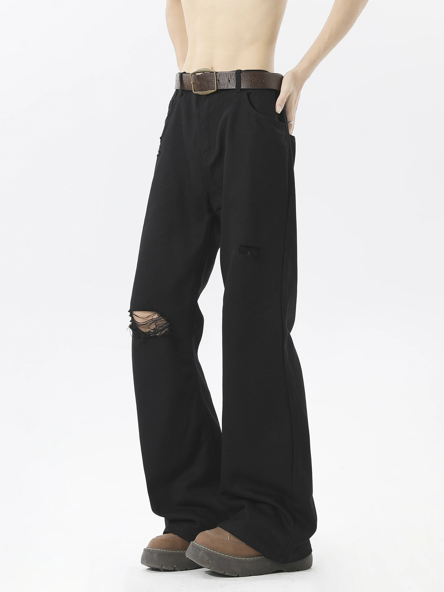 

Boyue American Retro Hole Micro Flared Jeans Men's High Street Slimming Casual Wide Leg Pants Youth Casual Loose Fit Jeans