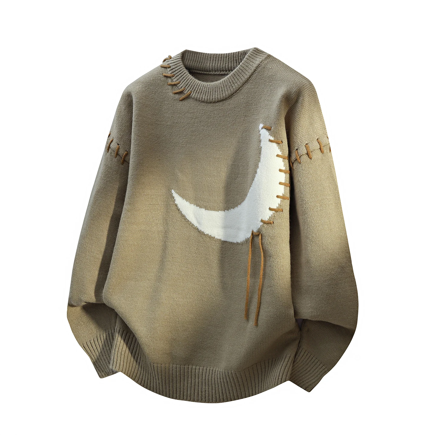 

Утепленный мужской свитер с круглым вырезом и узором в виде луны, свободный крой, повседневный стиль, комфортный, теплый, зимний, модный, для отдыха