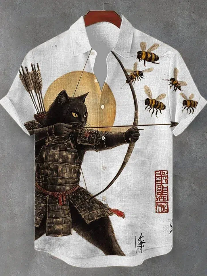 Men's fashionable short-sleeved shirt with fashionable black cat archer ninja series art pattern print