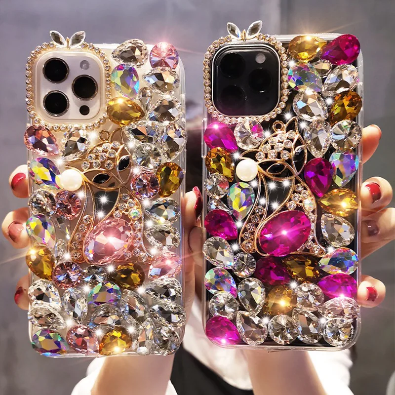 

Fox Bling Phone Case for iPhone 15 14 13 12 11 16 Pro Max Mini X XS XR 7 8 6 6S Plus Gem Stone Cover