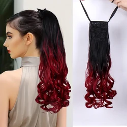 1 Pieces Synthetic Hair Extension With Strap Black-red gradient Long Wavy Curly 20 Inch Clip in Hairpiece Ponytail Full Machine