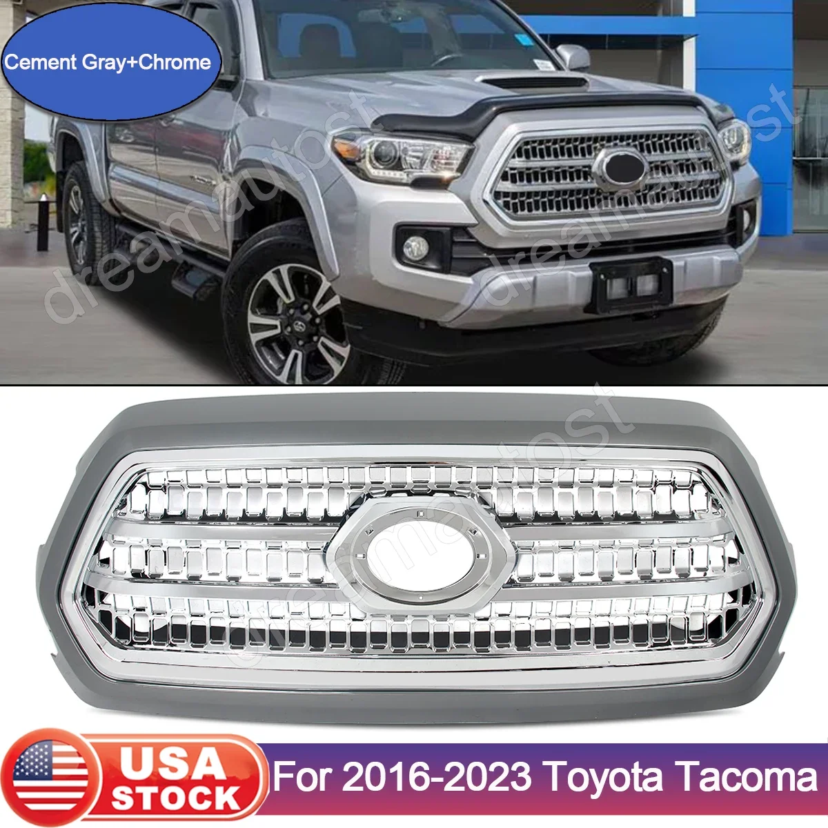 Front Bumper Grille For 2016-19-2023 Toyota Tacoma TRD Sport Cement Gray+Chrome