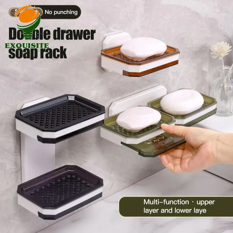 Double Drawer Soap Box Wear-resistant And Durable Soap Box Non-perforated Suction Cup Household Household Accessories