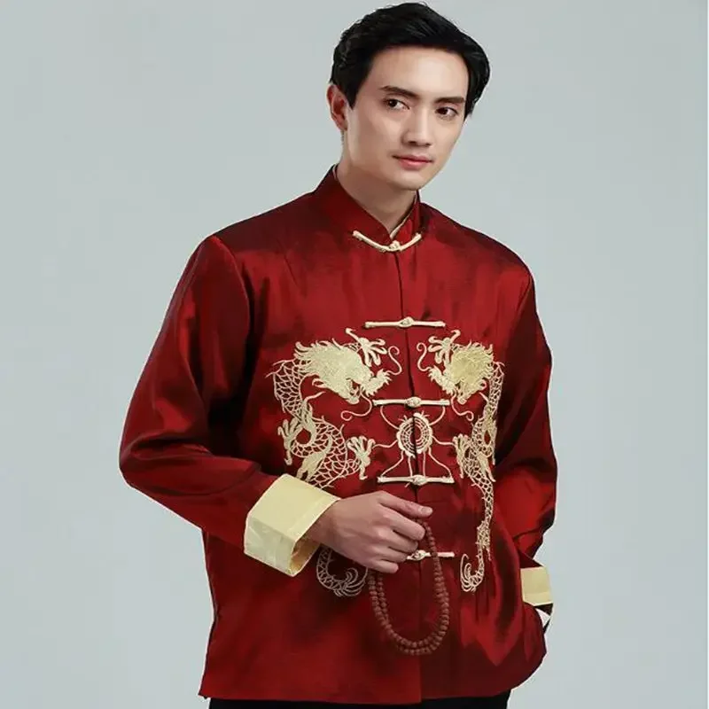 Traje Tang de dragón bordado para hombre, camisa, chaqueta superior, Cheongsam Hanfu, abrigo Hanfu Retro, 2023