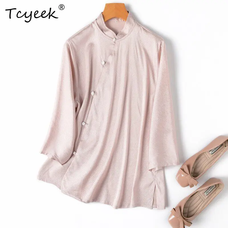 

Tcyeek 93% Real Silk Womens Tops 2026 Spring Summer New Chinese-style Elastic Water Ripple Shirt Female Clothing Рубашка Женская