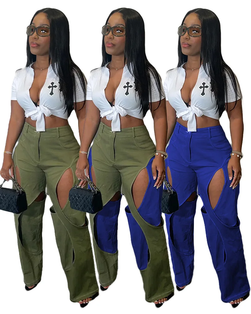 

European and American women's color contrast line stitching hollowed out casual pants loose pants sweatpants women pants