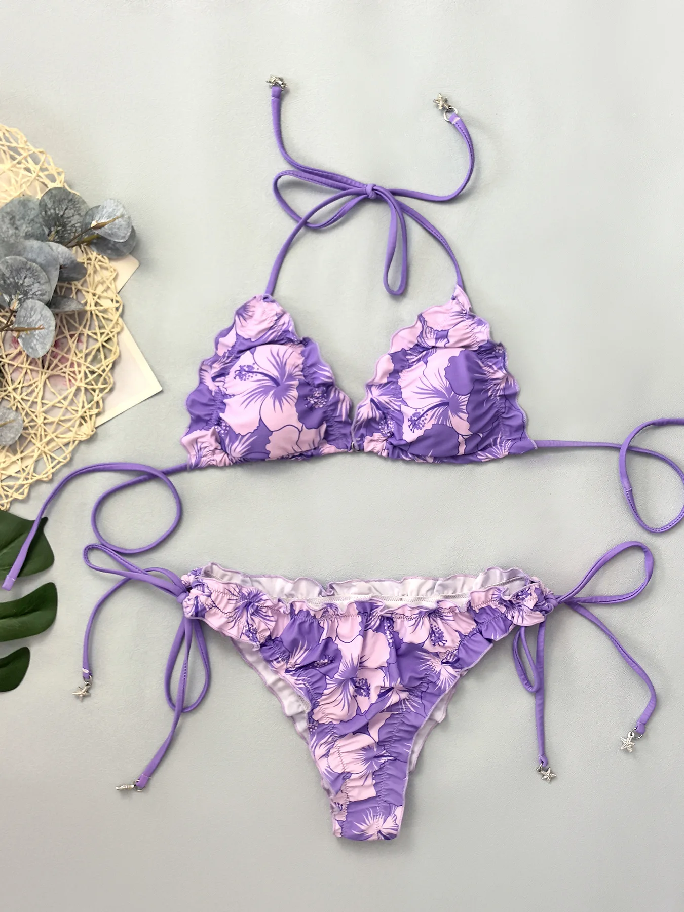 Sexy Purple Floral Print Bikini Set 2026 Women Ruffles Push Up Bra High Waist Swimsuit Summer Bathing Suit Two Piece Swimwear