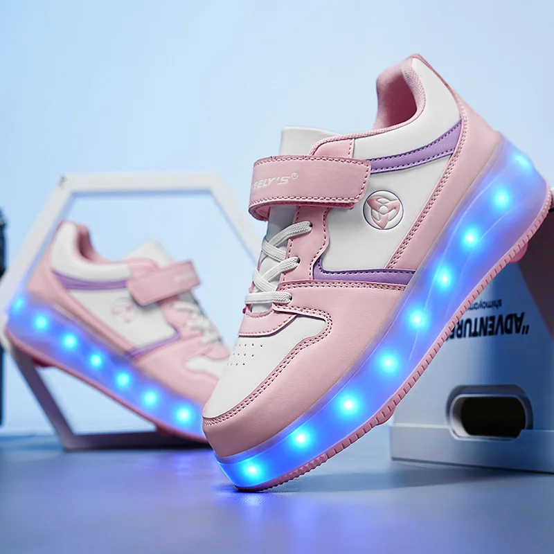 Scarpe a rotelle in pelle PU per bambini 4 ruote moda LED pattini per bambini scarpe da ginnastica per ragazzi e ragazze taglia 29-40,