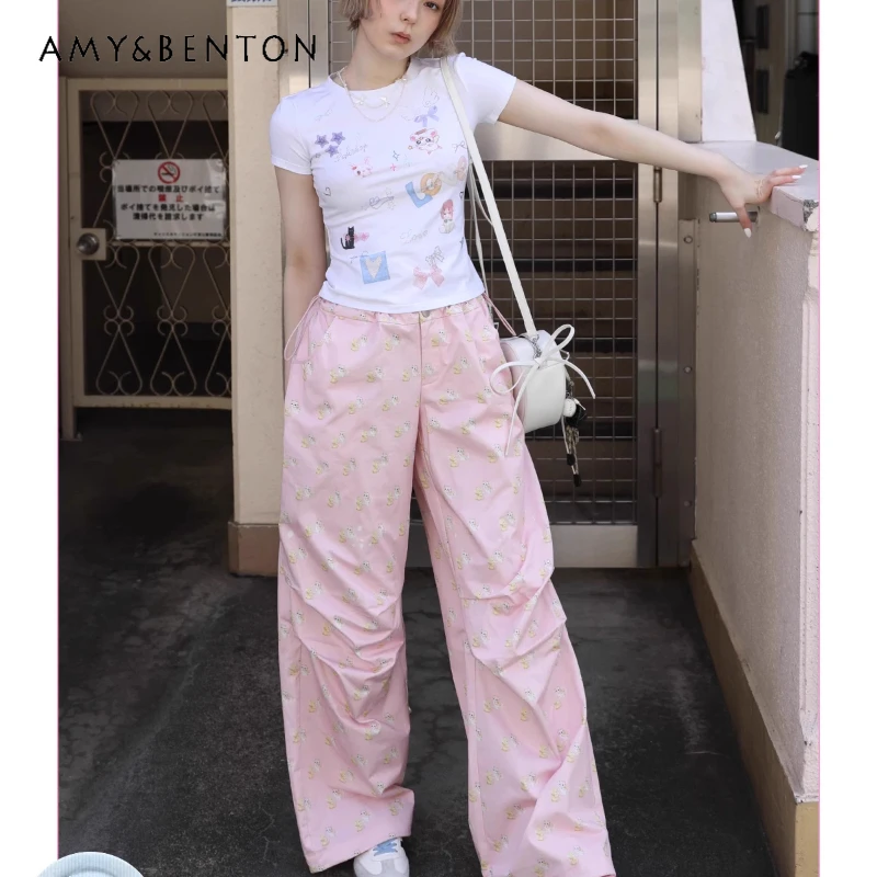 

American Retro Pink Cute Animal Print Women's Trousers 2025 Summer New Design Sweet Cool Loose Straight Wide-Leg Pants Ladies