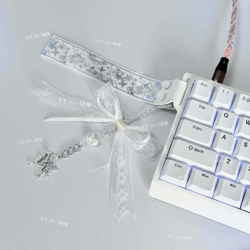 White Lace Bow Keyboard Strap Butterfly Heart Pearl Charm, Ribbon Decor Accessory For Custom Mechanical Keyboard Ribbon