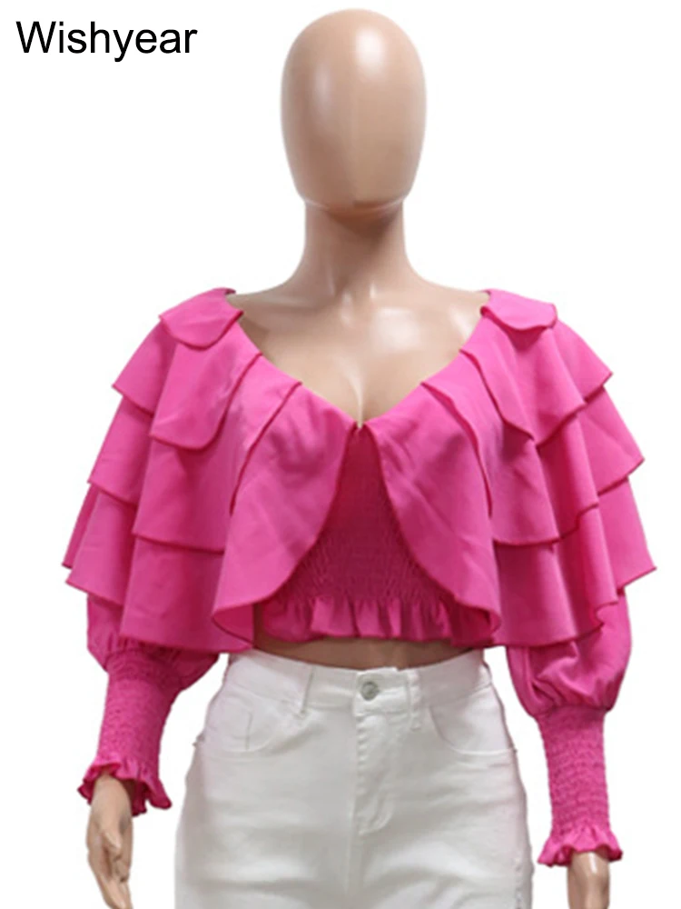 New Elegant Office Laddy Shirts Blouse Solid Green Ruffles Long Sleeve Loose Birthday Party Autumn African Tops Women Clothing