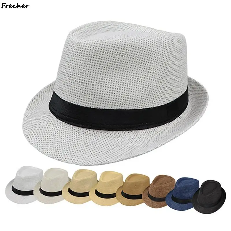 Boys Beach Jazz Hats Wedding Party Dress Up Costume Straw Weave Panama Kids Summer Flat Brim Fedora Hat Chapeau with Ribbon 2024