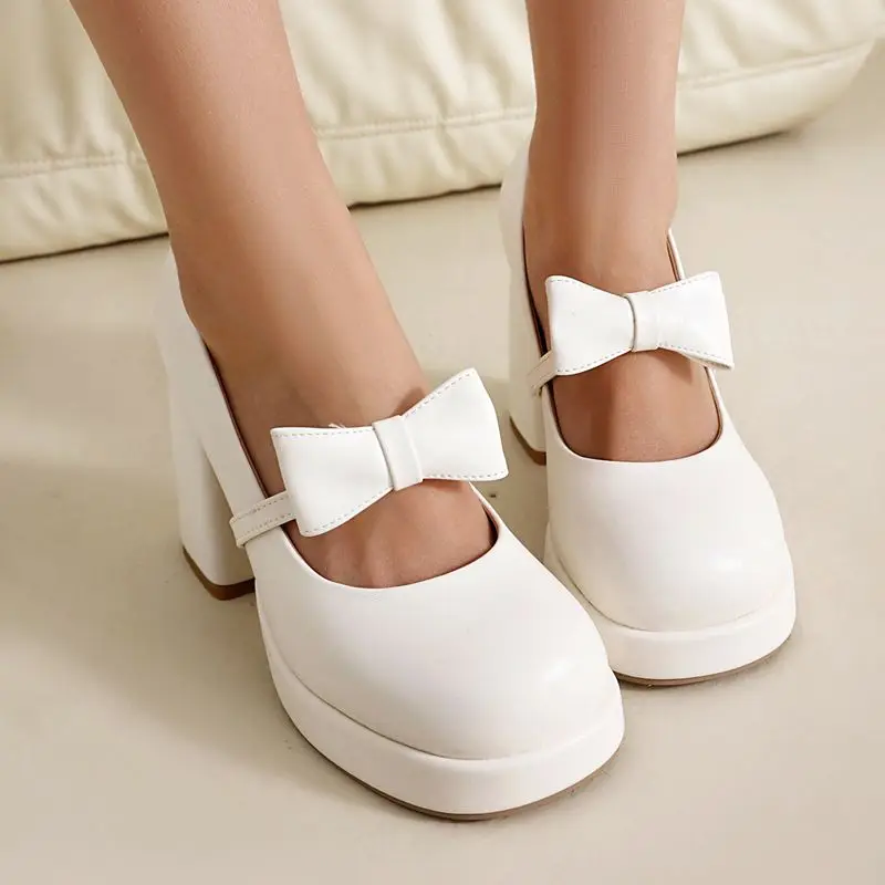 

Girseaby 2025 Модные женские туфли-лодочки с круглым носком на блочном каблуке 9 см, платформа 2 см, бант, большие размеры 45, 46 47 48 Sweet Mary Janes Shoes