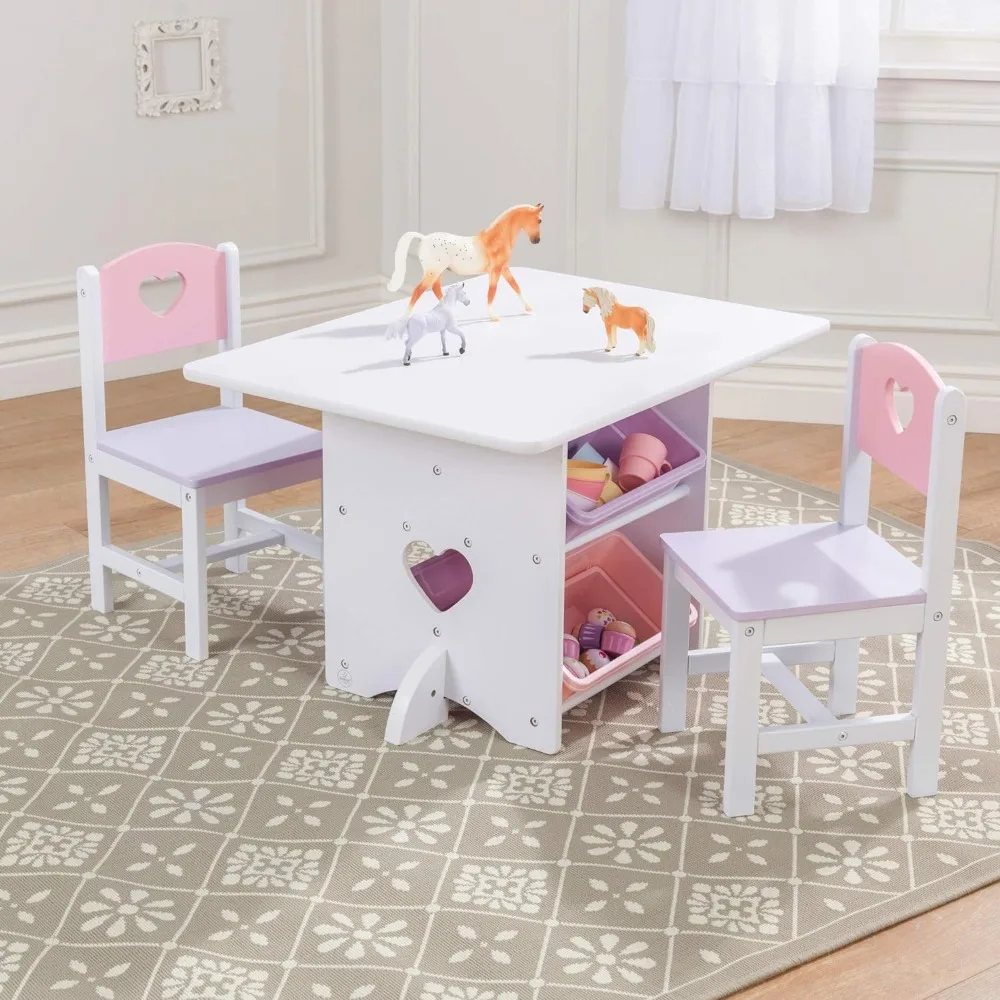 Juego de mesa y silla de corazón de madera con 4 contenedores de almacenamiento, muebles para niños, rosa, morado y blanco, regalo para edades de 3-8 años