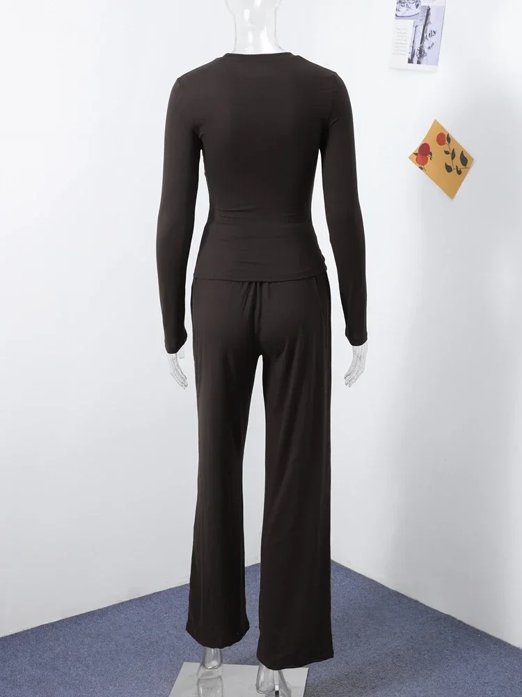 Mulheres calças superiores terno 2 peça define sólido o-pescoço camisas de manga longa calças de cintura elástica roupas femininas 2025 nova senhora agasalho