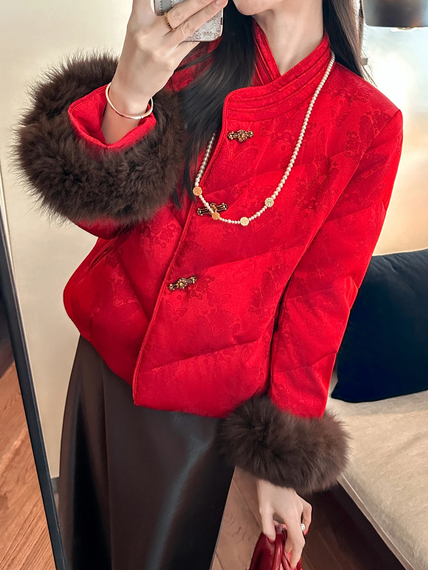 

Ele Eastern Flame Red Du down Jaet Women's Faionable New Chinese Sle Coat Warm Thi Long Sve A-Line Coat