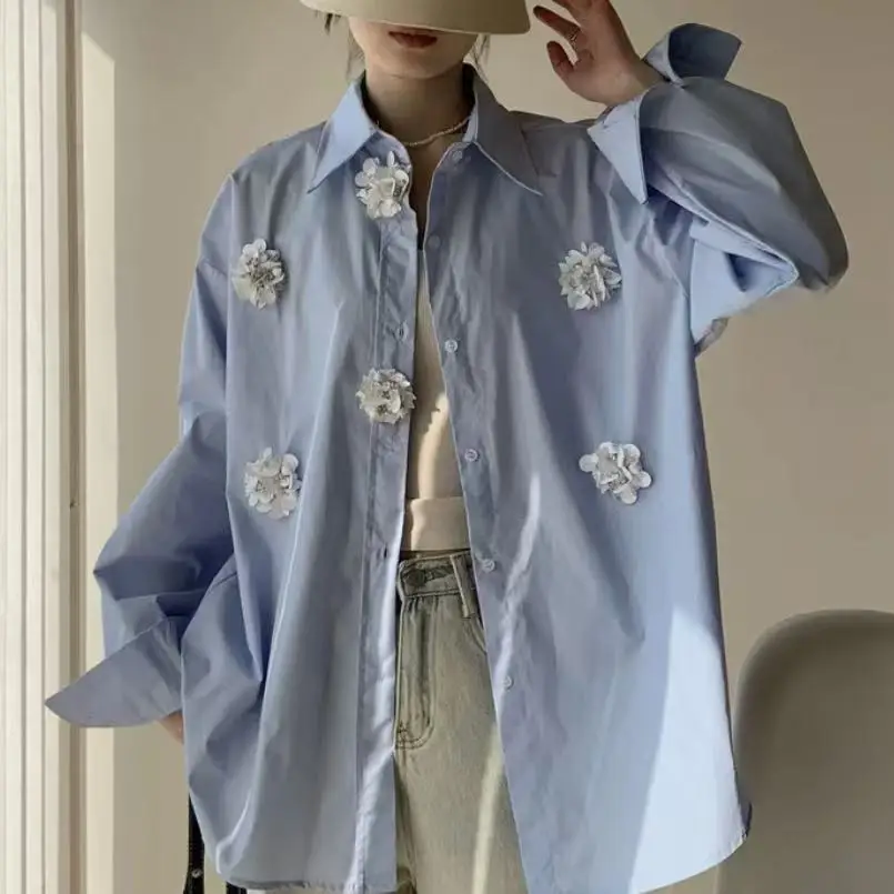 

Luxury 3D Flowers Stitch Oversize White Blue Cotton Blouses Shirts Women 2025 Autumn Fashion Long Sleeve Tops Camisas De Mujer