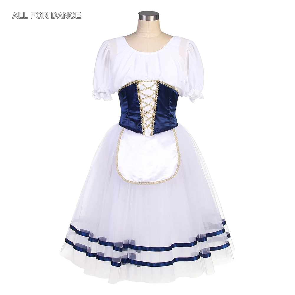 B22513 Adult Girls Short Sleeves Romantic Ballet Tutu Navy Blue Bodice with White Soft Tulle Skirt Professional Ballet Costumes