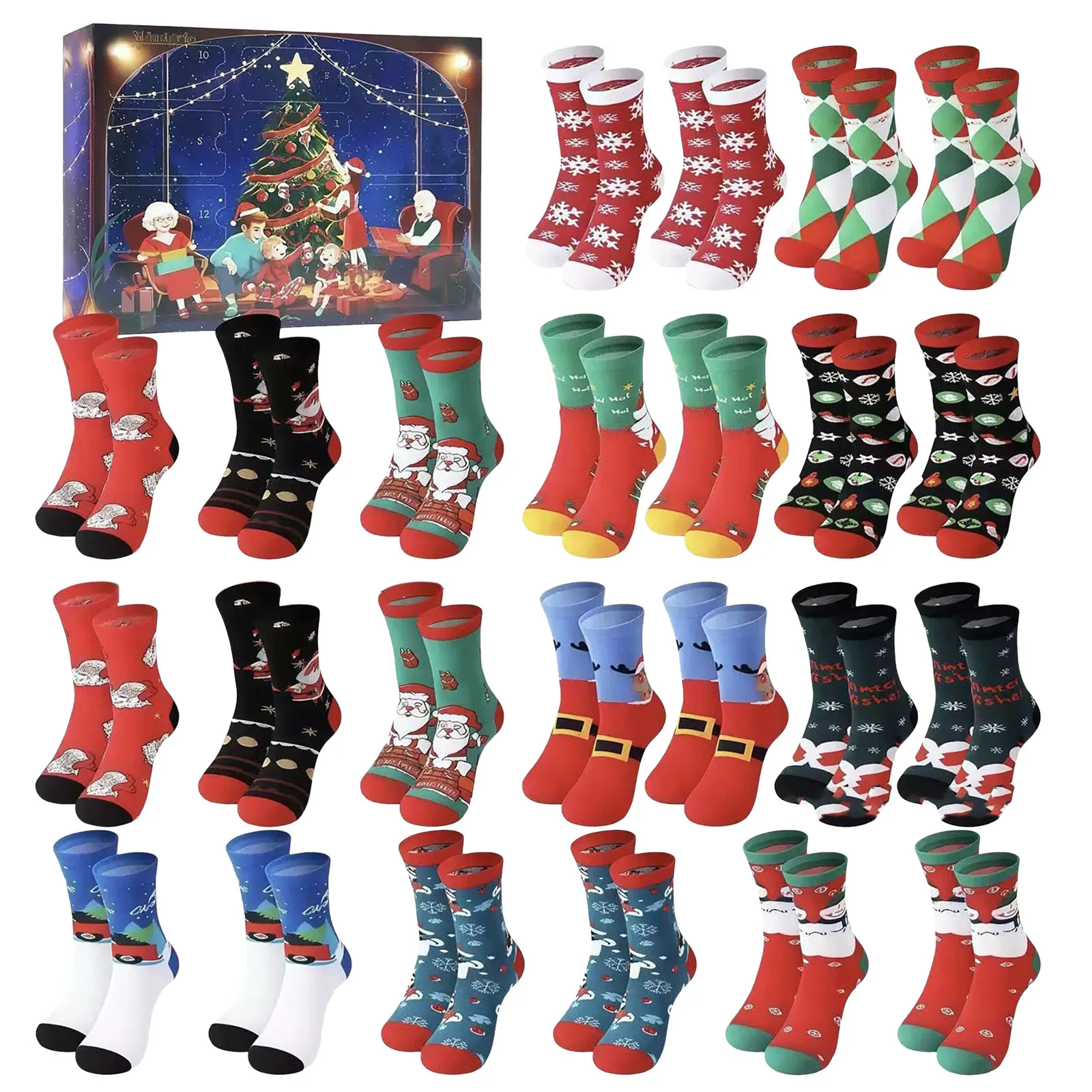 Calendrier de Noël compte à rebours pour enfants chocolat 12/24 paires chaussettes de Noël calendrier de l'Avent lunettes d'heure pour enfants brossage des dents