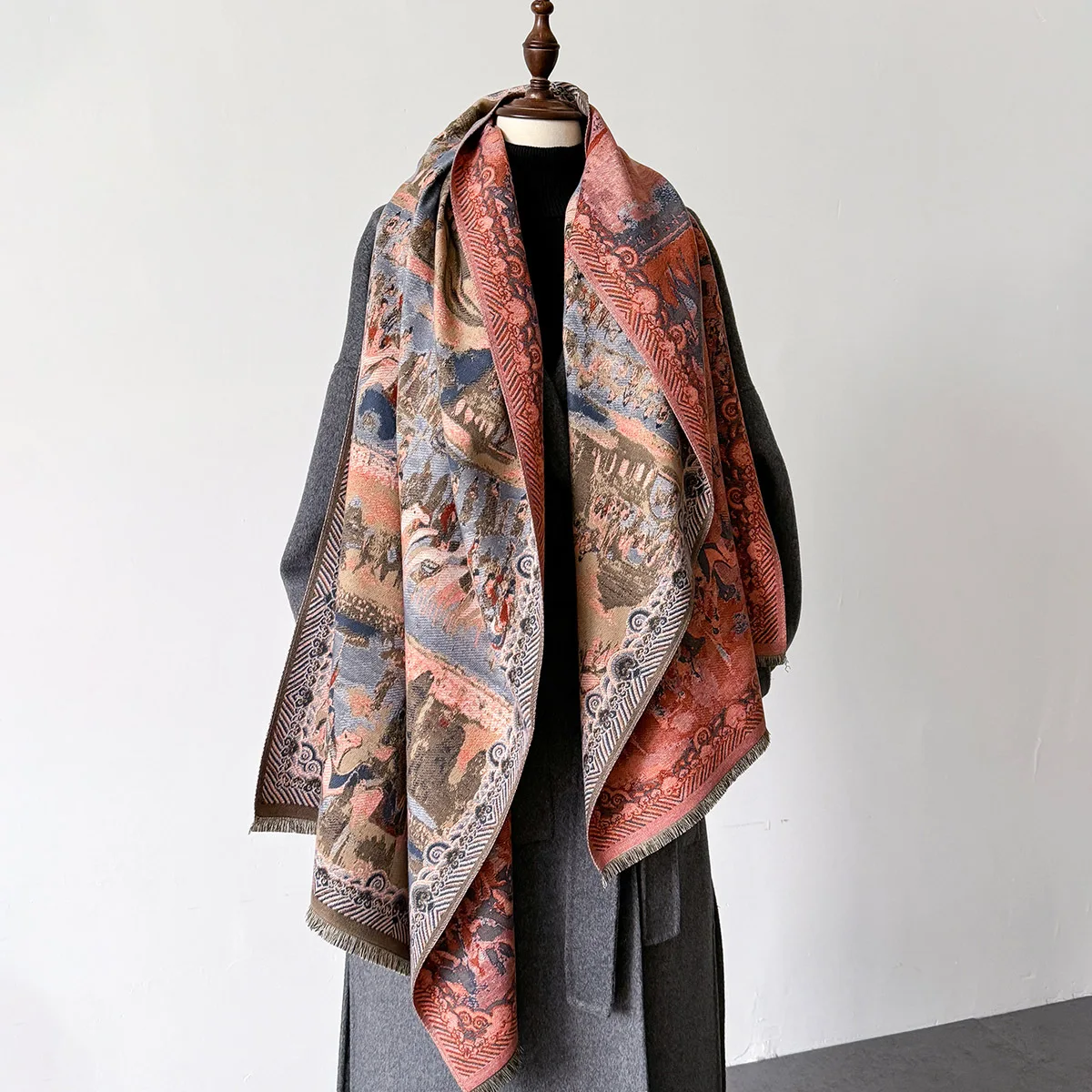 Oil Painting Style Jacquard Scarf for Women Thick Warm Winter Shawl Wrap Windproof Travel Neck Cover